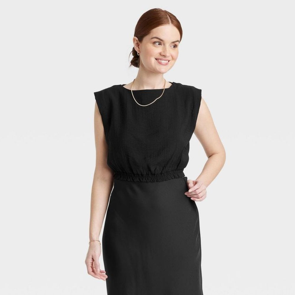 Women's Slim Fit Extended Shoulder Gauze Tank Top - A New Day Black S